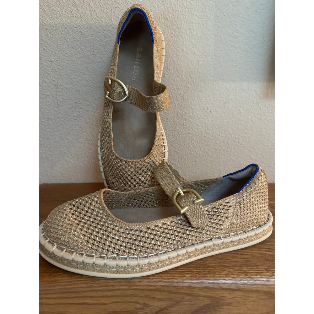 Rothy's Tan Woven Mary Jane Flats with Gold Buckle
